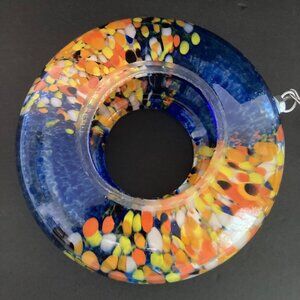 Handmade Art Glass Bird Feeder Blue Multicolor Glass Hanging Suncatcher